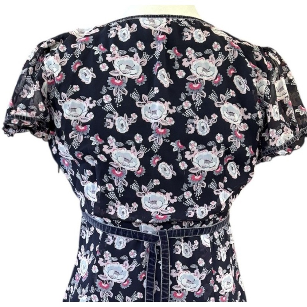 Vintage 90s Y2K‎ ESPRIT Dress Blue Floral Womens Size 4 Distressed Velvet Ribbon - Picture 7 of 8